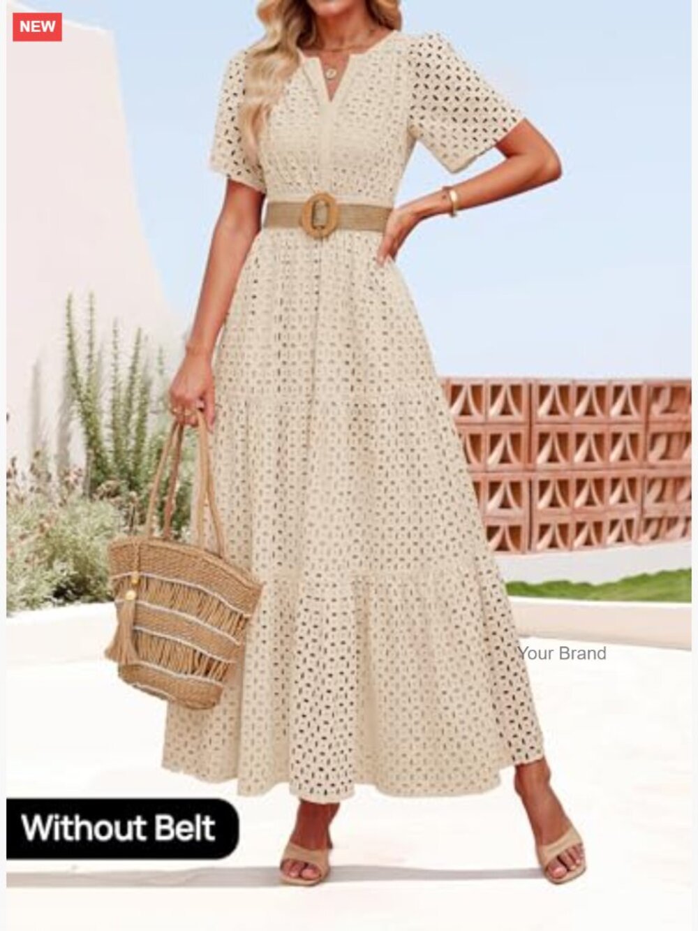 V Neck Short Sleeve Eyelet Ruffle Maxi Dress Hollow Out Swing A Line - Picture 4 of 7